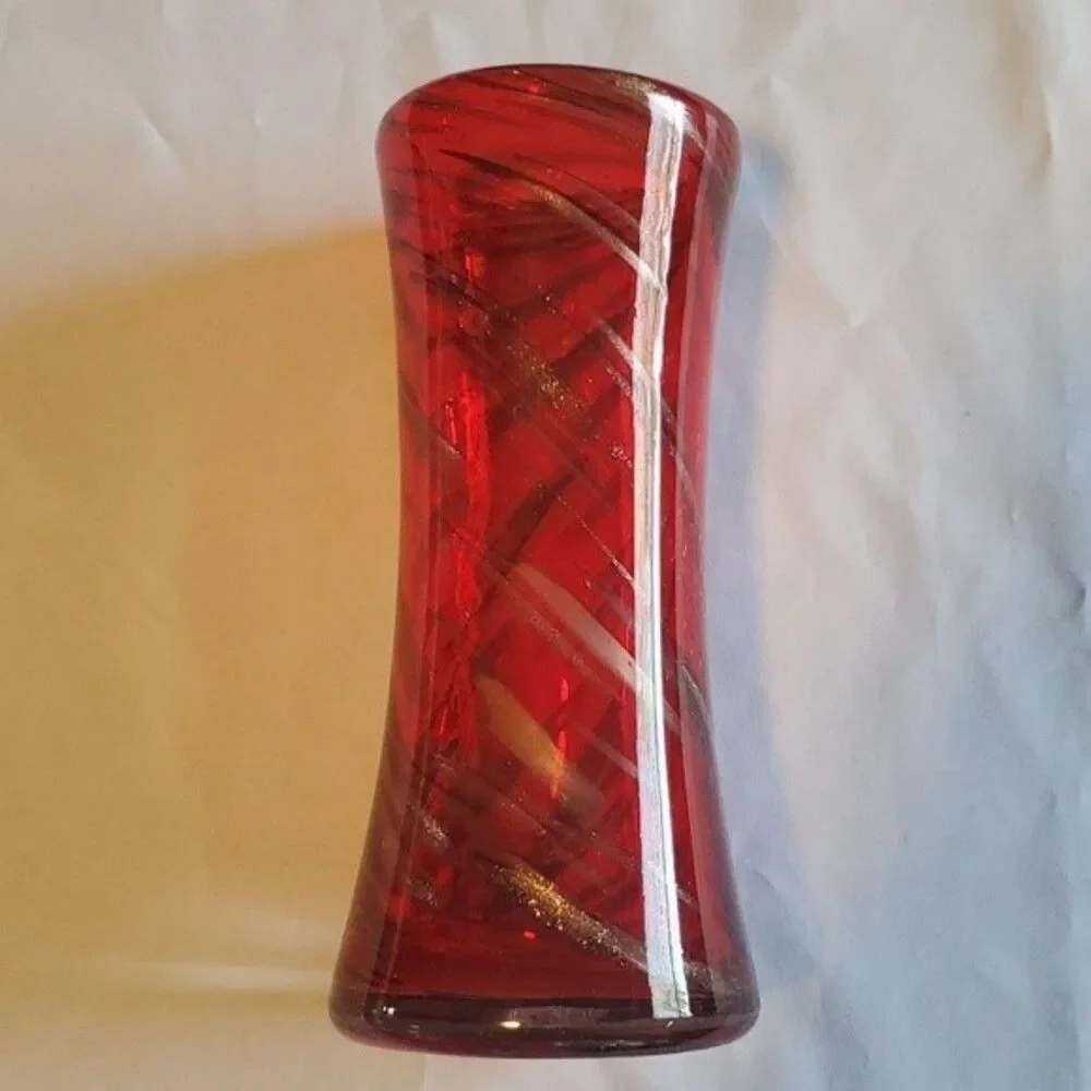 Art Glass Vase | Red with Gold & Black Swirls | Studio-Style Hand Blown MCM